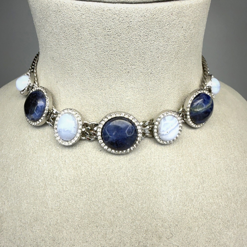 Necklace Blue Stone Silver Tone Rhinestones Glam 12"-16" Signed